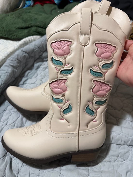 art class Other - art class Cream Kids Cowboy Boots with Pink & Teal Floral Inset 2